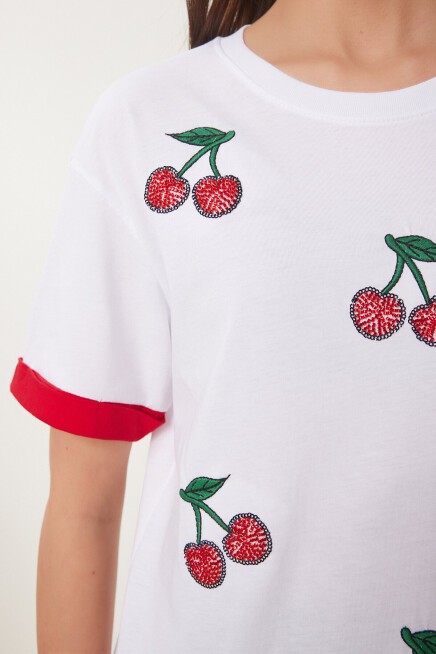 Boncuklu Nakış İşlemeli Örme T-shirt BEYAZ LWE0002