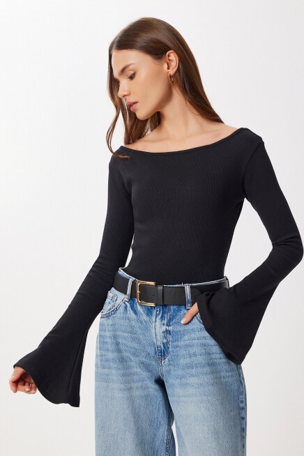 Çan kollu Saran Basic Örme Bluz SİYAH LEN0040