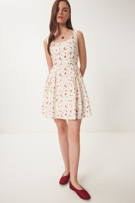Çiçekli Yazlık Mini Dokuma Elbise AÇIK SARI LUB0101
