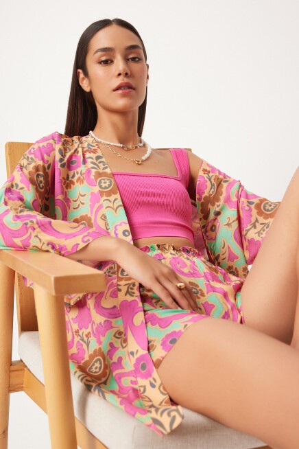 Desenli Viskon  Kimono Şort Takım BEJ PEMBE LWF0006
