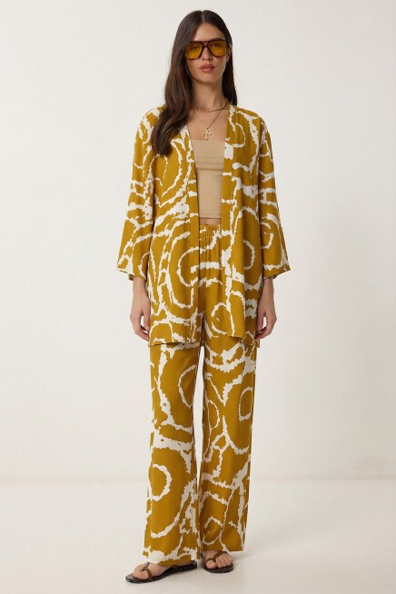 Desenli Yazlık Viskon Kimono Pantolon Takım HARDAL KEMİK LRN0013