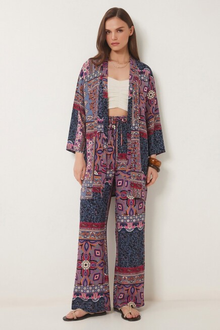 Desenli Yazlık Viskon Kimono Pantolon Takım İNDİGO MAVİ PEMBE LRN0013