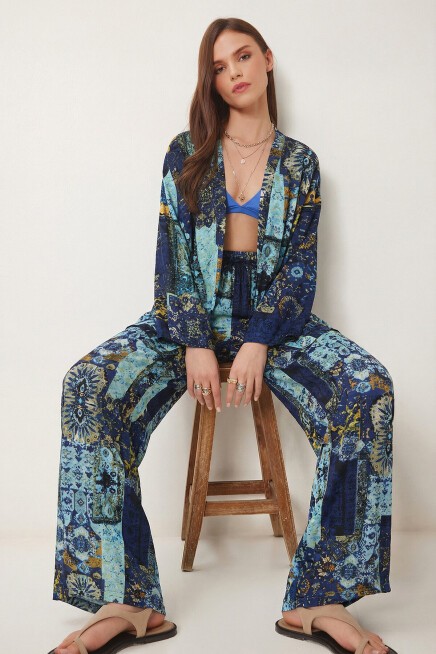 Desenli Yazlık Viskon Kimono Pantolon Takım MAVİ SARI LRN0013