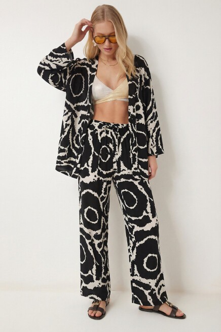 Desenli Yazlık Viskon Kimono Pantolon Takım SİYAH BEYAZ LRN0013