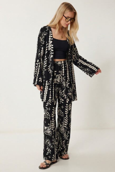 Desenli Yazlık Viskon Kimono Pantolon Takım SİYAH EKRU LRN0013