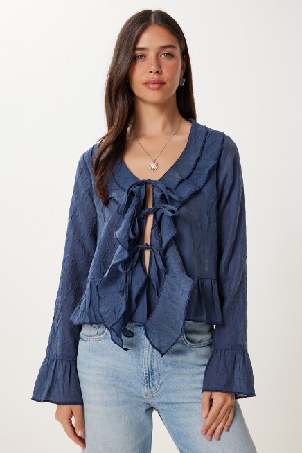 Dokulu Volanlı Hafif Transparan Modal Bluz LACİVERT LMX0099