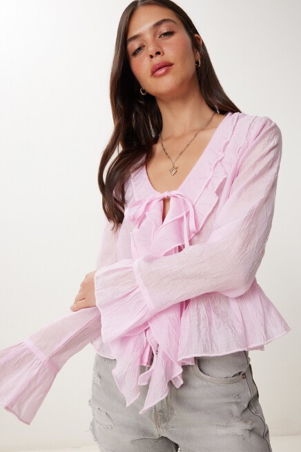 Dokulu Volanlı Hafif Transparan Modal Bluz ŞEKER PEMBE LMX0099