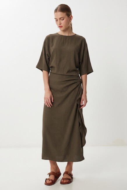 Drapeli Midi Modal Elbise HAKİ LNT0033
