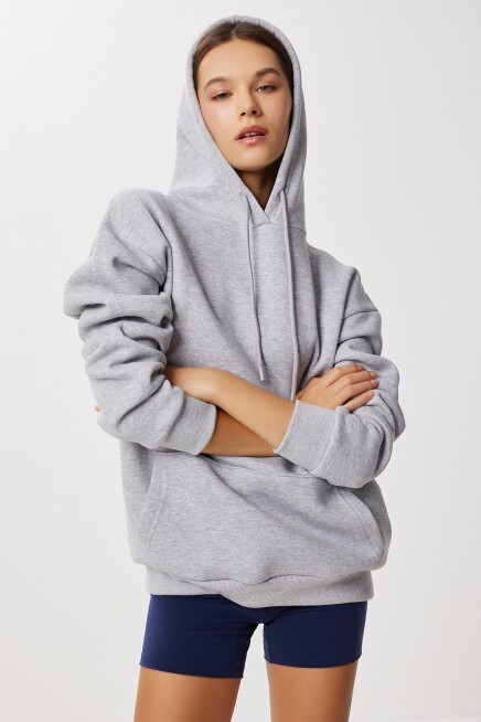 Kapüşonlu Oversize Şardonlu Örme Sweatshirt GRİ MELANJ LEN0042