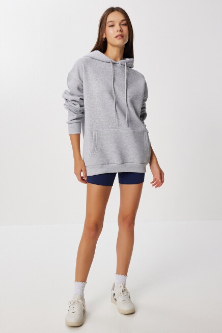 Kapüşonlu Oversize Şardonlu Örme Sweatshirt GRİ MELANJ LEN0042