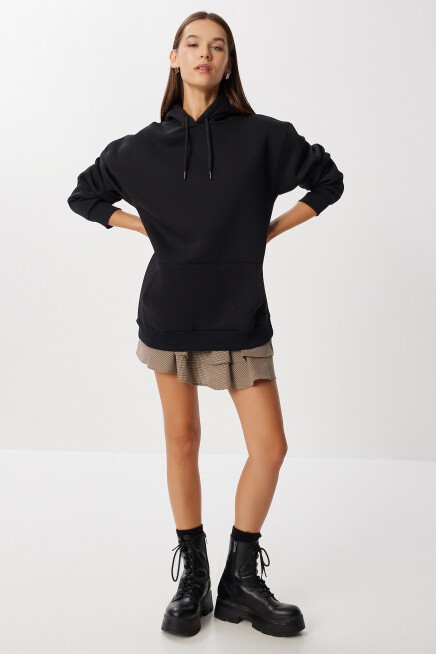 Kapüşonlu Oversize Şardonlu Örme Sweatshirt SİYAH LEN0042