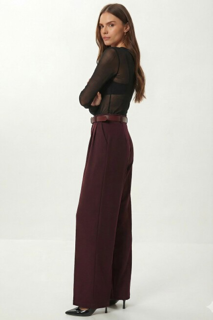 Kemerli Geniş Paça Esnek Örme Pantolon BORDO LZV0045