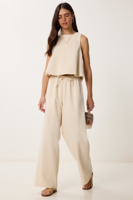 Keten Balon Bluz Pantolon Takım KREM LUS0092