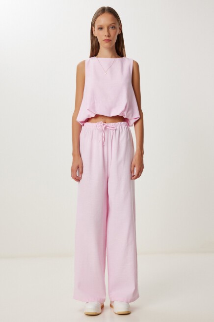 Keten Culotte Pantolon Bluz Takım ŞEKER PEMBE LRV0116