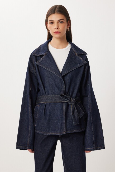 Kuşaklı Denim Ceket Pantolon Takım T0280 KOYU MAVİ LRI0021