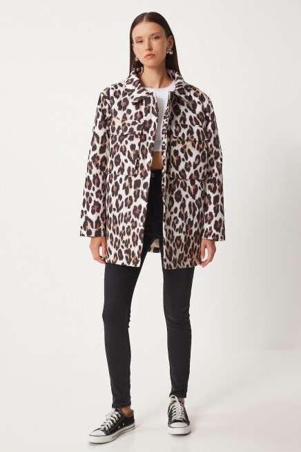 Leopar Desenli Şişme Mont SİYAH BEJ LNT0004