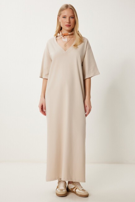 Oversize Basic Yazlık Esnek Örme Elbise BEJ LUB0113