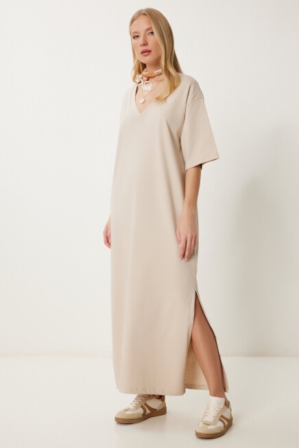 Oversize Basic Yazlık Esnek Örme Elbise BEJ LUB0113