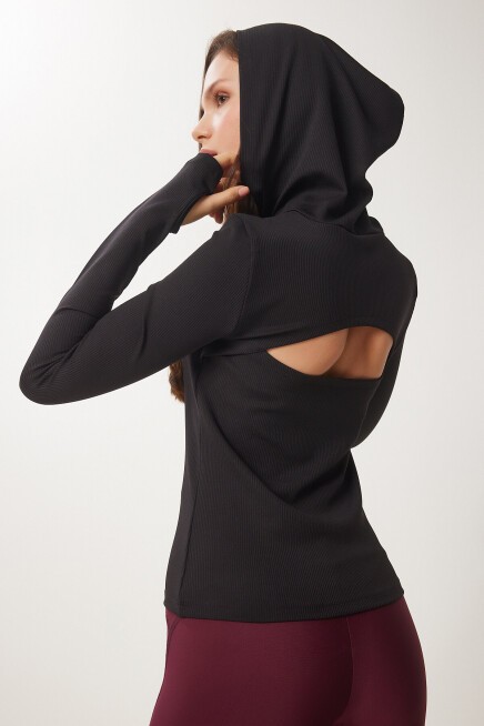 Parmak ve Sırt Cut Out Detaylı Kapüşonlu Örme Sweatshirt SİYAH LVX0004