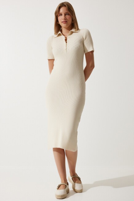 Polo Yaka Triko Elbise KREM LYY0055