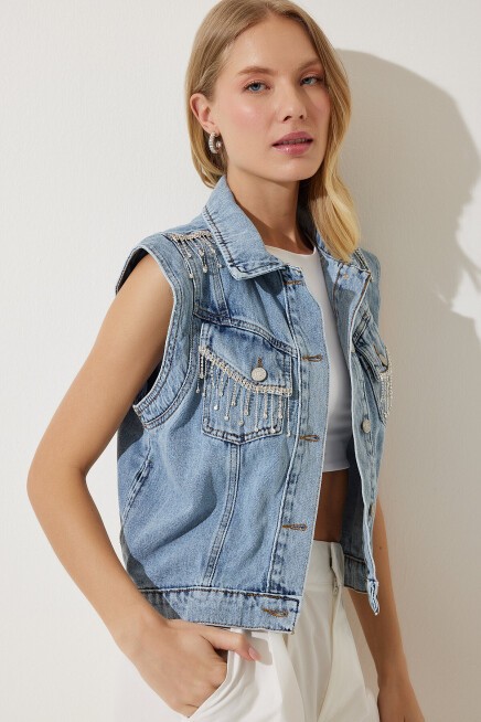 Şık Zincirli Denim Yelek MAVİ LRV0083