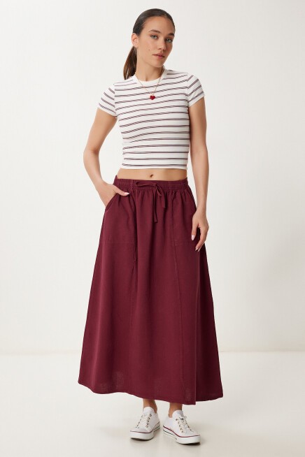 Soluk Efektli Kloş Denim Etek BORDO LMX0074