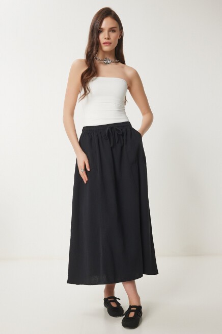 Soluk Efektli Kloş Denim Etek SİYAH LMX0074