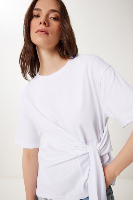 Yandan Bağlama Detaylı Pamuklu T-shirt BEYAZ LUB0110