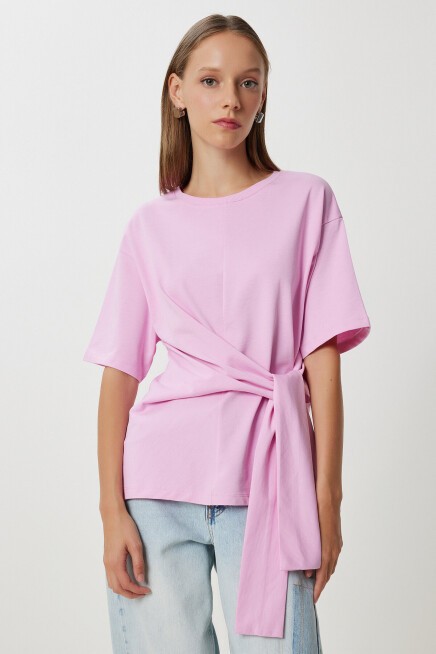 Yandan Bağlama Detaylı Pamuklu T-shirt PEMBE LUB0110