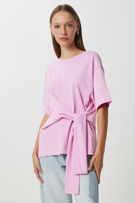 Yandan Bağlama Detaylı Pamuklu T-shirt PEMBE LUB0110