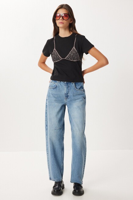 Yüksek Bel Balon Baggy Jean P0112 ORTA MAVİ LRI0018