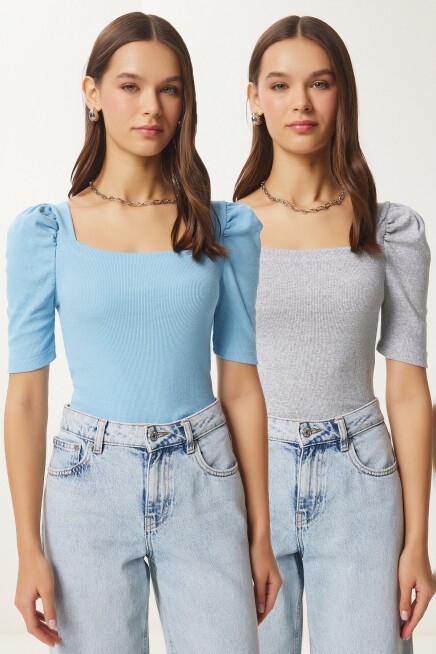 2li Paket Kare Yaka Fitilli Crop Bluz GRİ MELANJ GÖK MAVİ LGT0028