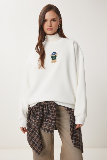 Ayıcık Armalı Şardonlu Örme Sweatshirt EKRU LTQ0001