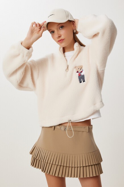 Ayıcık İşlemeli Fermuarlı Peluş Sweatshirt KEMİK LZH0014