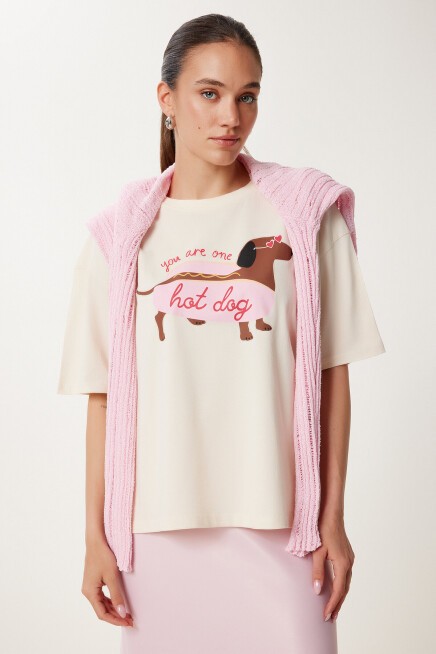 Baskılı Pamuklu Örme T-shirt KREM LUS0142