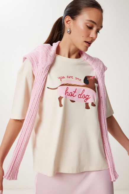 Baskılı Pamuklu Örme T-shirt KREM LUS0142