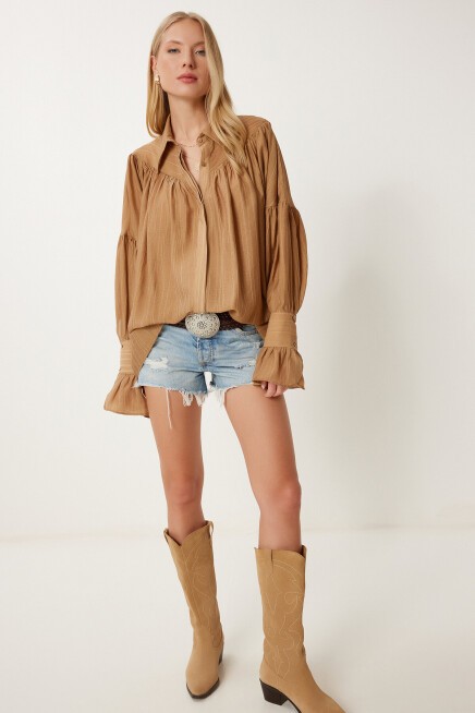Büzgülü Poplin Gömlek CAMEL LFN0097