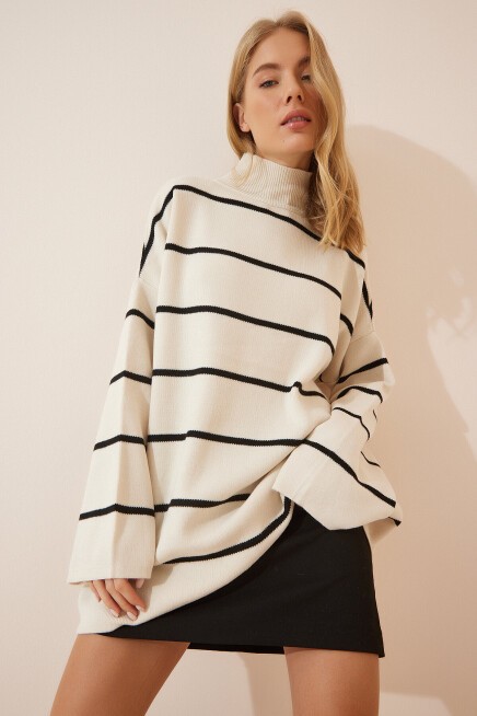 Çizgili Oversize Uzun Triko Kazak KREM LYY0088