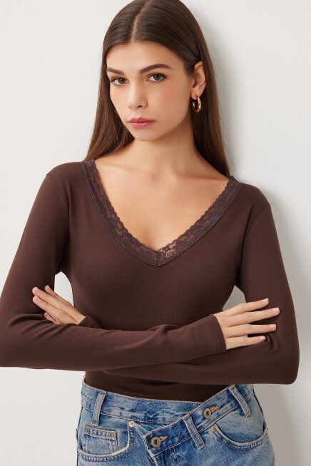 Dantel Detaylı Örme Bluz KAHVERENGİ LUB0312