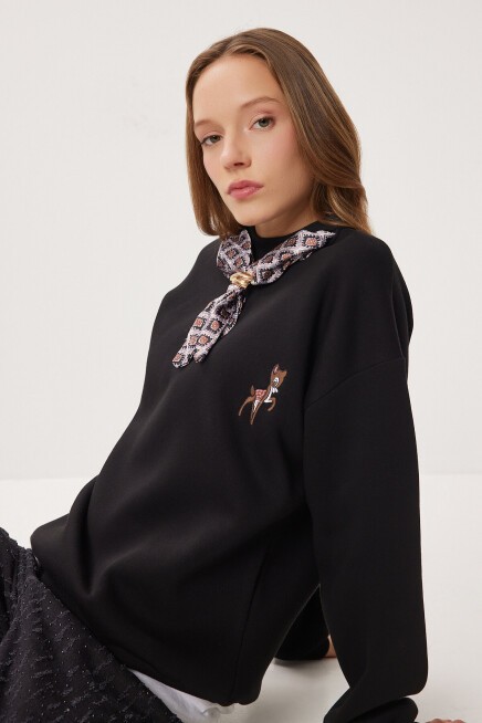 Fular Detaylı Şardonlu Örme Sweatshirt SİYAH LPX0005