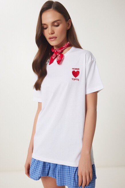 Kalp Nakışlı Pamuklu Örme T-shirt BEYAZ LMP0007