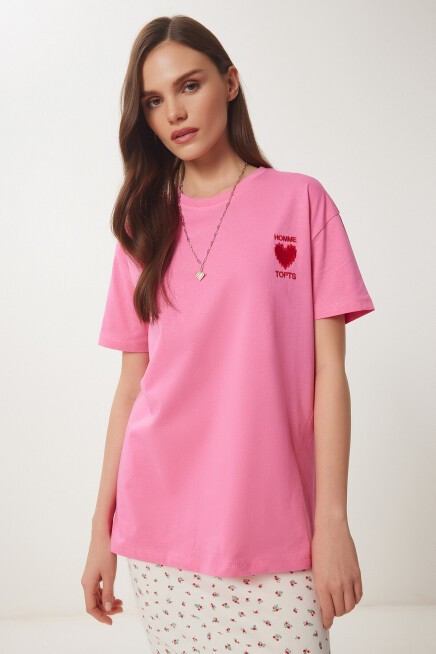Kalp Nakışlı Pamuklu Örme T-shirt PEMBE LMP0007