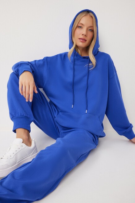 Kapüşonlu Sweatshirt Jogger Oversize Örme Eşofman Takımı MAVİ LPYS003