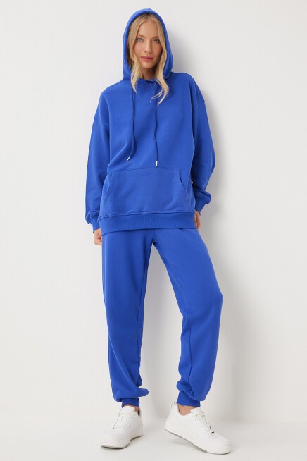 Kapüşonlu Sweatshirt Jogger Oversize Örme Eşofman Takımı MAVİ LPYS003
