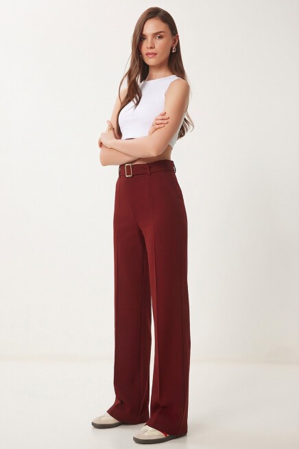 Kemerli Nervür Detaylı Örme Pantolon BORDO LUB0329