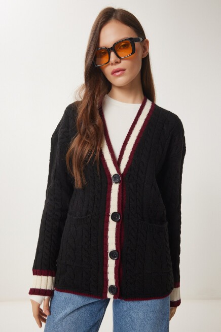 Kontrast Renkli Örgülü Triko Hırka SİYAH LYY0084