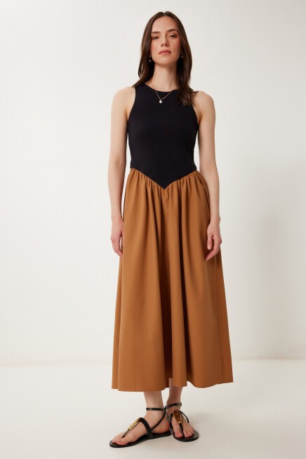 Örme Üstlü Poplin Etekli Yazlık Elbise SİYAH CAMEL LUS0140
