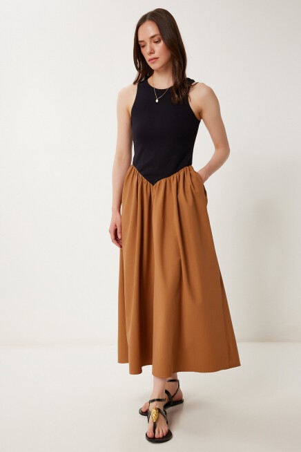 Örme Üstlü Poplin Etekli Yazlık Elbise SİYAH CAMEL LUS0140