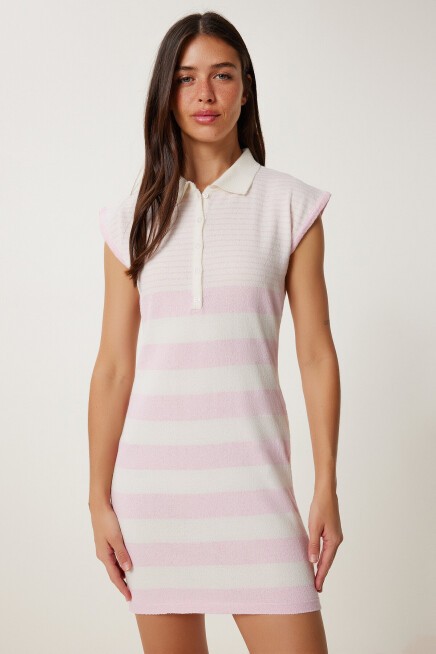 Polo Yaka Çizgili Yazlık Triko Elbise PEMBE KEMİK LKİ0033