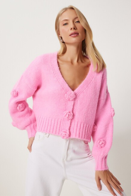 Ponpon Çiçek Detaylı Triko Hırka PEMBE LPF0045